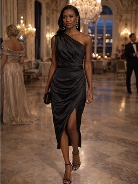 Elliat Cassini One Shoulder Draped Satin Midi Dress Black Size XS NWT | Cocktail